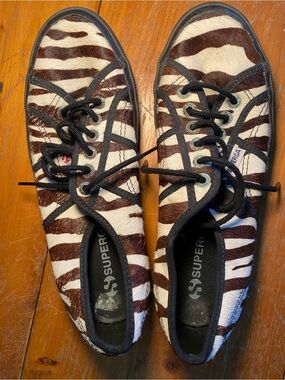 Superga Zebra Print Lace-Up Sneakers in Brown and White